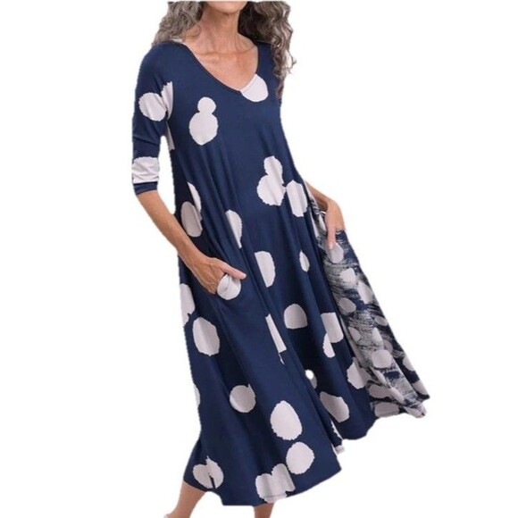Alembika Size 3 12 Spot Swing Navy Maxi Dress Pockets Super Stretchy - Picture 1 of 8